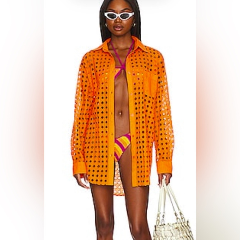 ADIVA Orange Eyelet Button Up Shirt Beach Bathing Suit Cover Up Size L